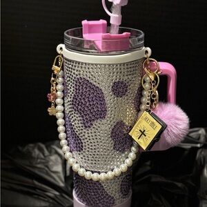 Purple Cow Print Rhinestone Tumbler with Pearl Chain